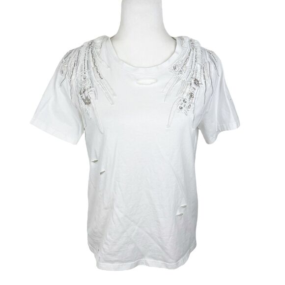 Miss Sixty Shirt Women Large White Embellished Beads Lips Distressed Casual Tee - Picture 1 of 16